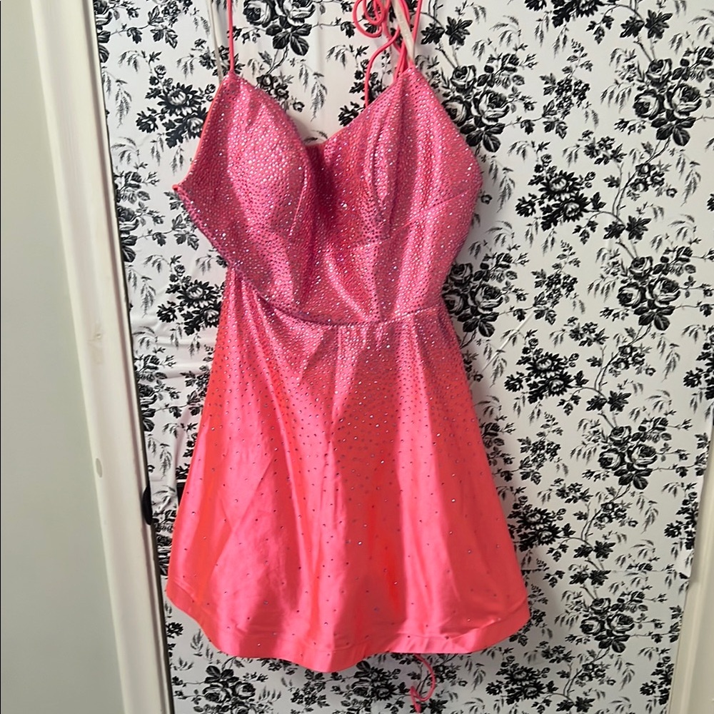 Sherri Hill Pink Satin Chemise with Lace Trim